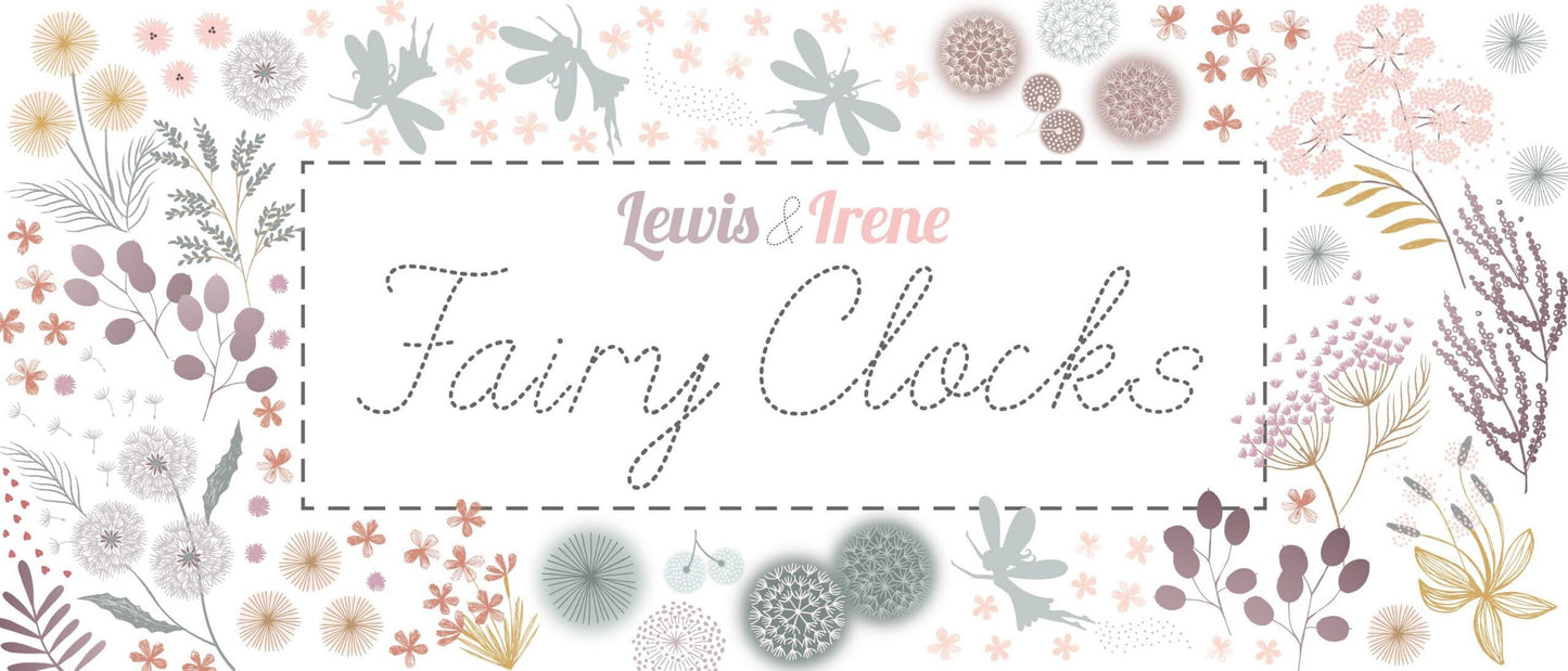 Lewis & Irene Fairy Clocks Fabric Collection Silver Metallic Floral Fairies on Light Pink A507.1