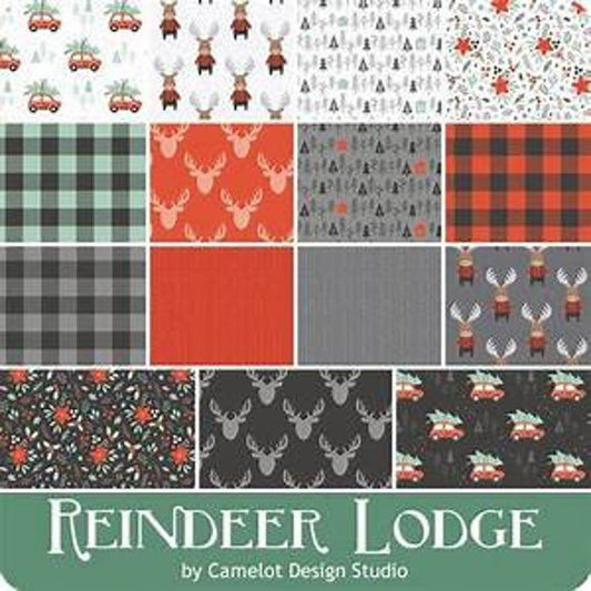Camelot Reindeer Lodge Fabric Collection Cabin in the Woods on Charcoal