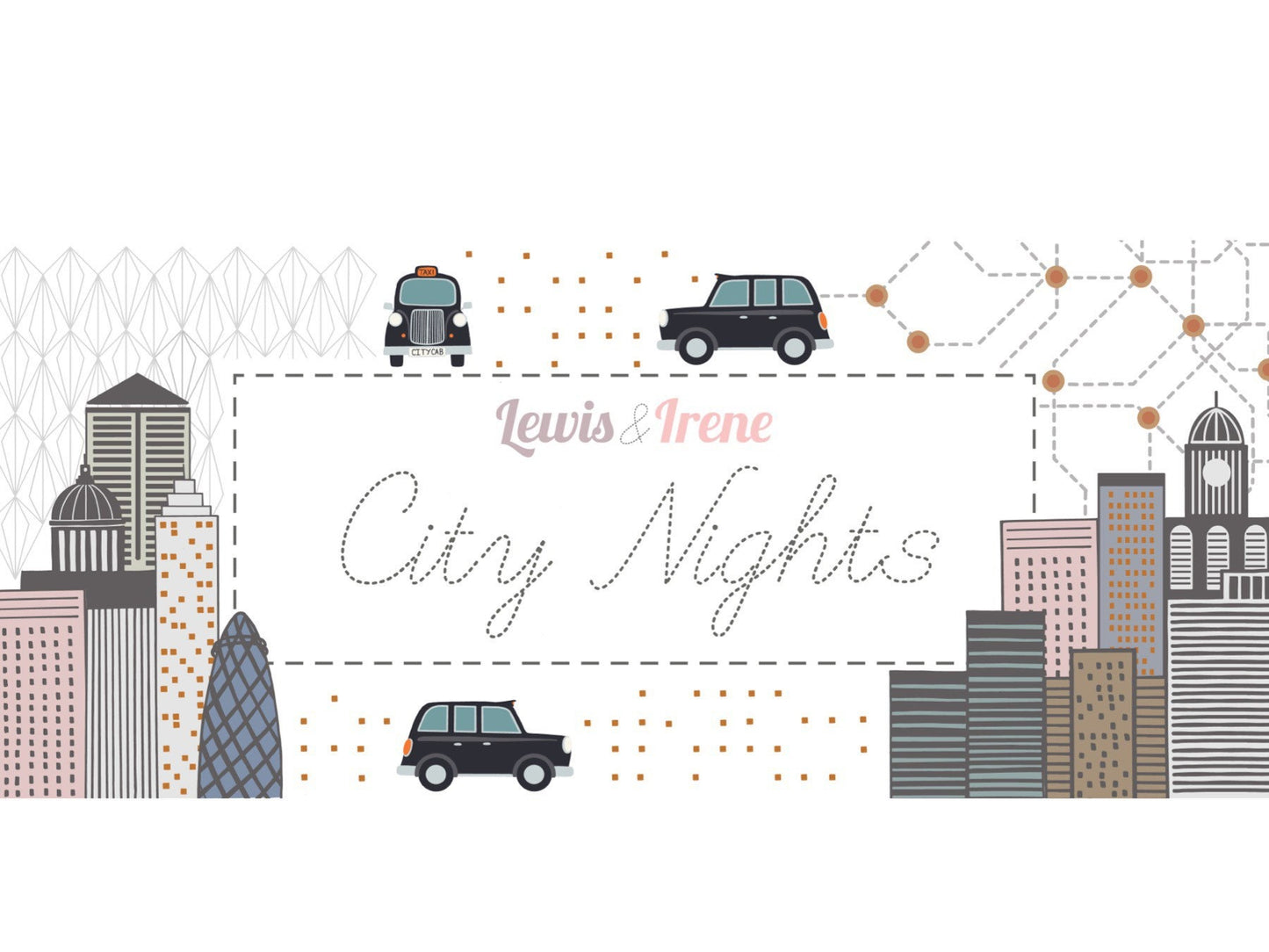 Lewis & Irene City Nights Fabric Collection Black Copper Cab on Copper A292.3
