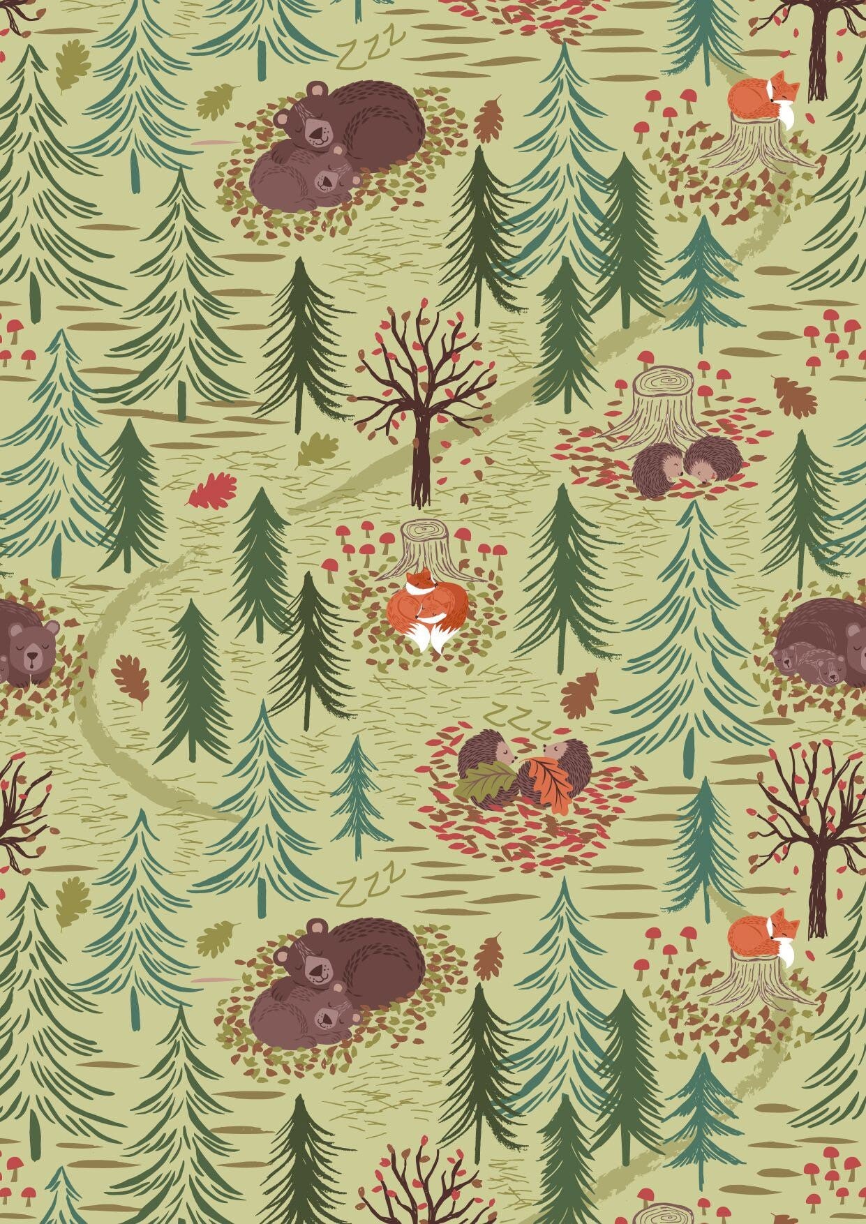 Lewis & Irene A Winter Nap Fabric Collection Winter Nap on Green Premium 100% Cotton Quilt Shop Quality Fabrics