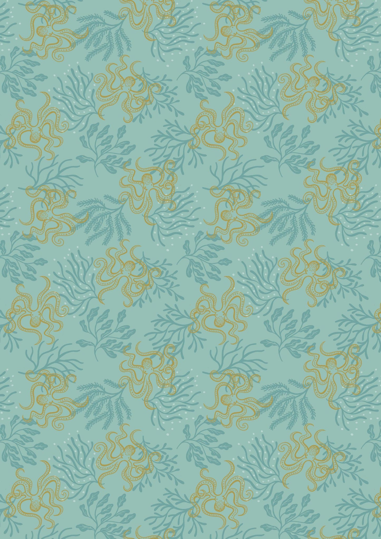 Lewis & Irene Moontide Fabric Collection Metallic Gold Octopus on Aqua Premium 100% Cotton Quilt Shop Quality Fabrics