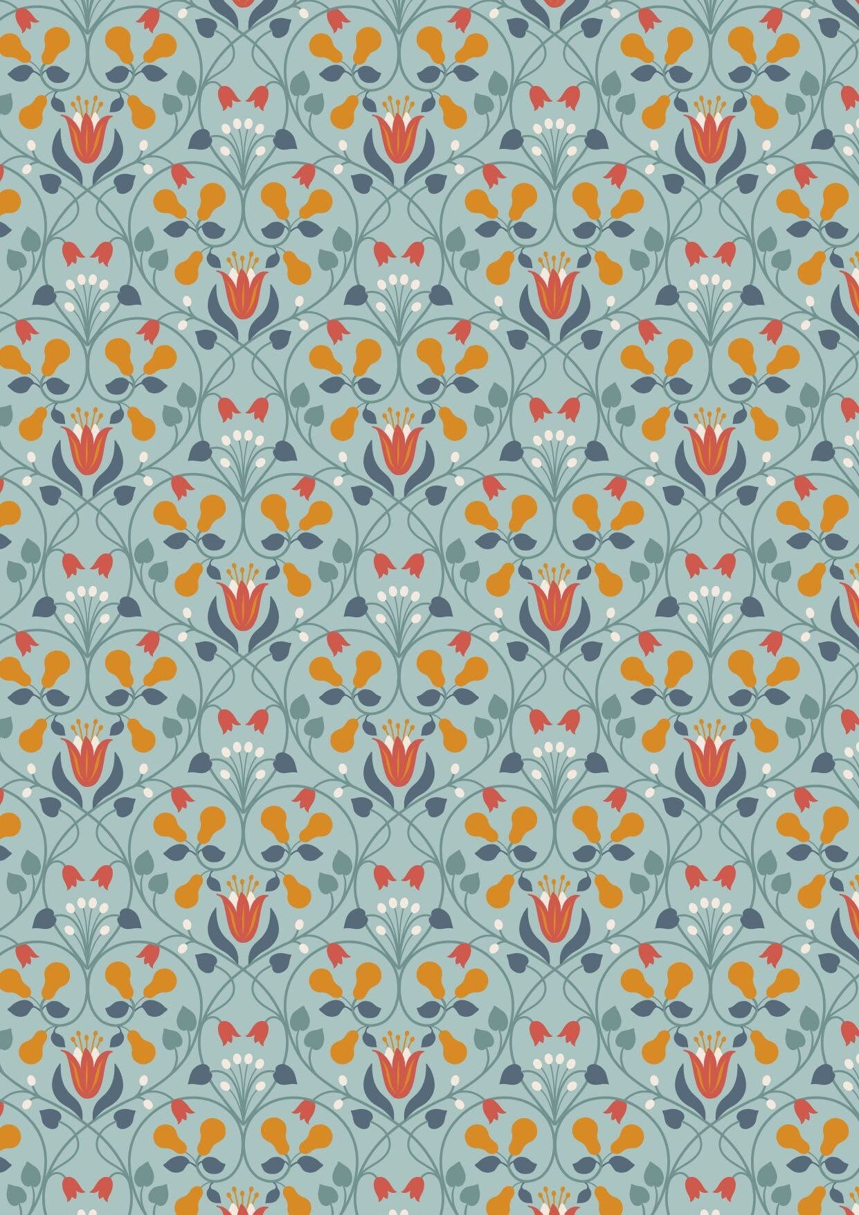 Lewis & Irene Wintertide Fabric Collection Metallic Copper Pear Hearts on Duck Egg Premium 100% Cotton Quilt Shop Quality Fabrics