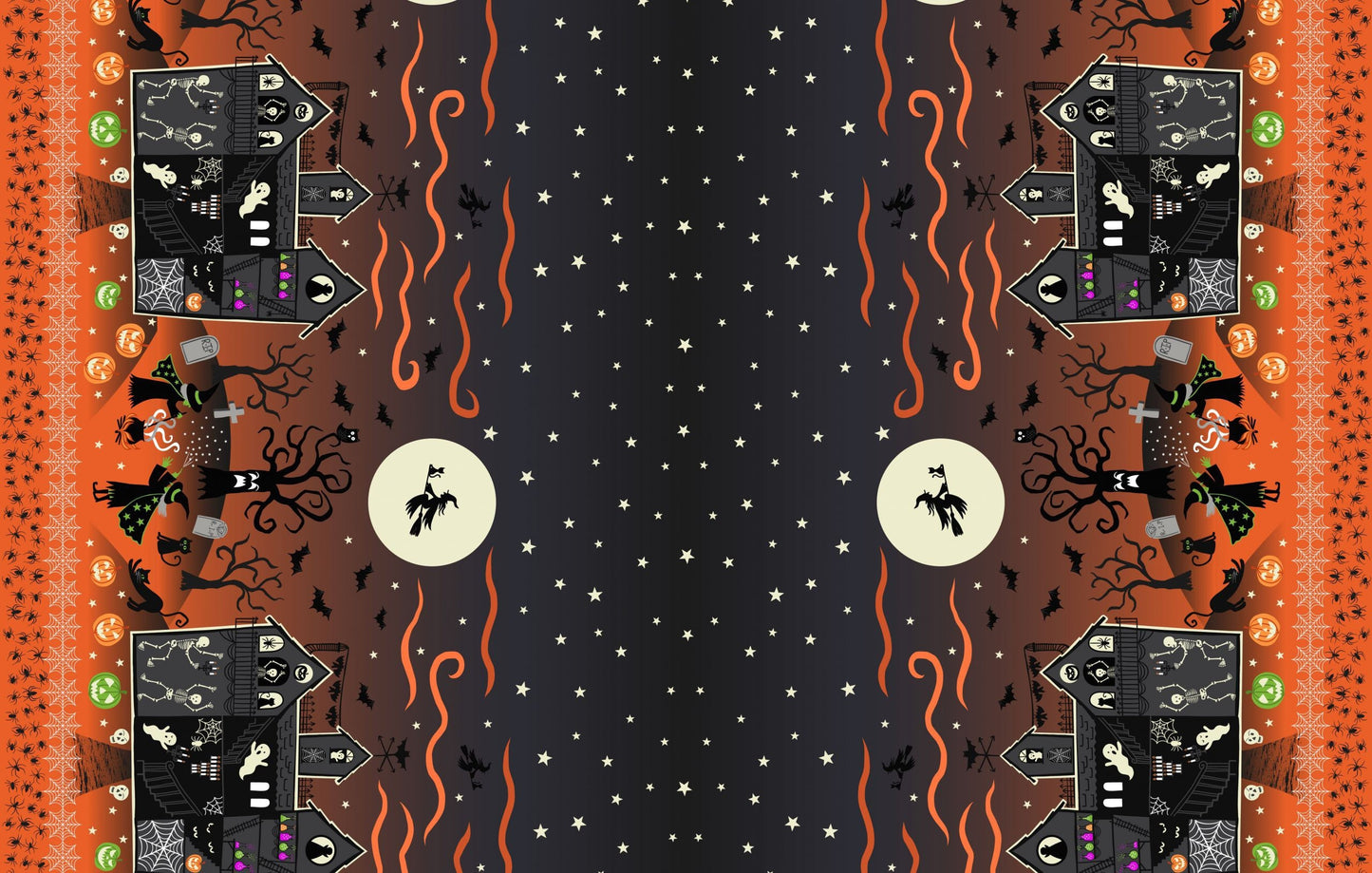 GLOWING FABRICS!! Lewis & Irene Haunted House Fabric Collection Glowing Haunted House Double Edge Border on Orange Premium 100% Cotton