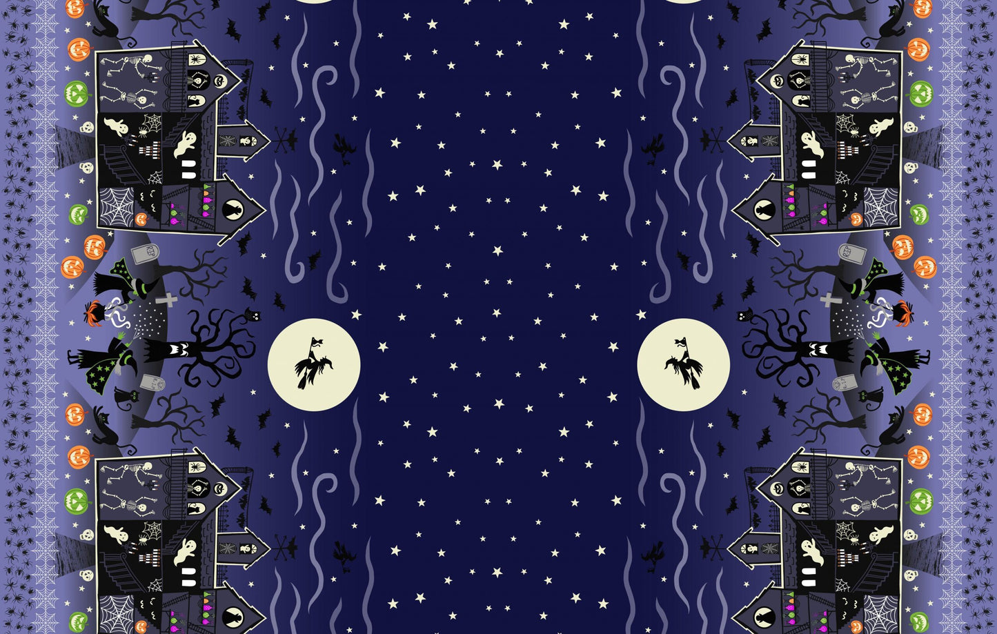 GLOWING FABRICS!! Lewis & Irene Haunted House Fabric Collection Glowing Haunted House Double Edge Border on Spooky Blue Premium 100% Cotton