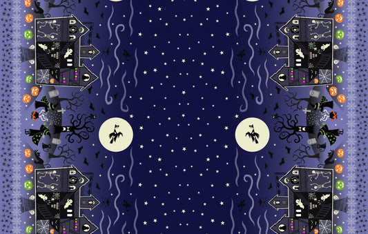 GLOWING FABRICS!! Lewis & Irene Haunted House Fabric Collection Glowing Haunted House Double Edge Border on Spooky Blue Premium 100% Cotton