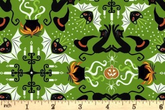 LAST BOLT!! Lewis & Irene Haunted House Fabric Collection Glowing Hats, Cats, and Bats on Green Premium 100% Cotton