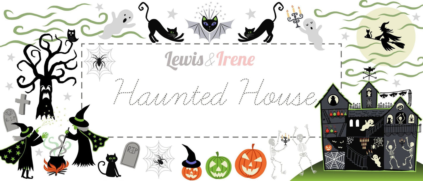 LAST BOLT!! Lewis & Irene Haunted House Fabric Collection Glowing Hats, Cats, and Bats on Green Premium 100% Cotton