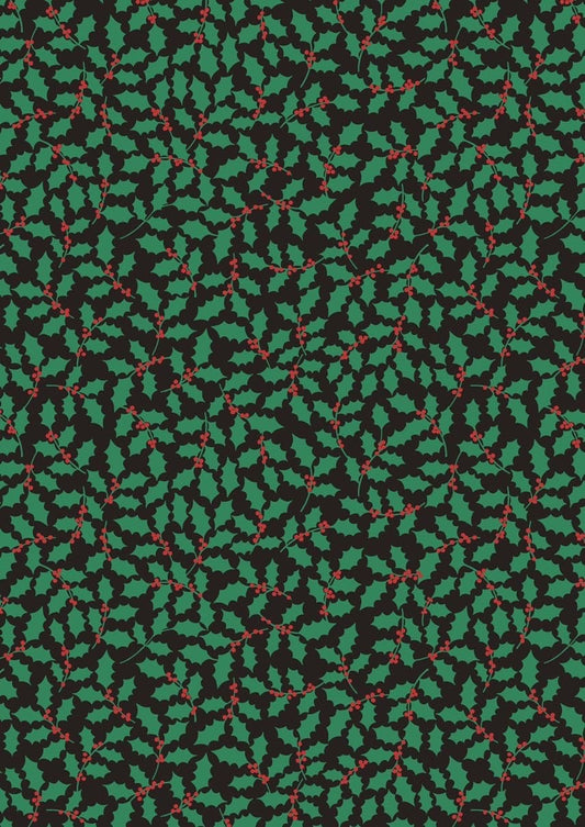 LAST BOLT!! Lewis & Irene 12 Days of Christmas Fabric Collection Christmas Holly on Black Premium 100% Cotton Fabrics