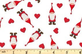 Lewis & Irene Digital Print Tomten's Village Fabric Collection Tomten and Hearts on White CE18.1
