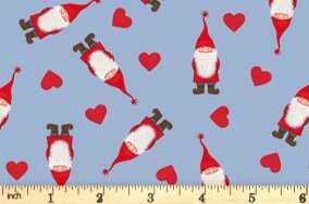 Lewis & Irene Digital Print Tomten's Village Fabric Collection Tomten and Hearts on Blue CE18.2