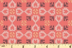 Lewis & Irene Folk Floral Fabric Collection Cross Stitch Hearts on Coral Premium 100% Cotton Quilt Shop Quality Fabrics