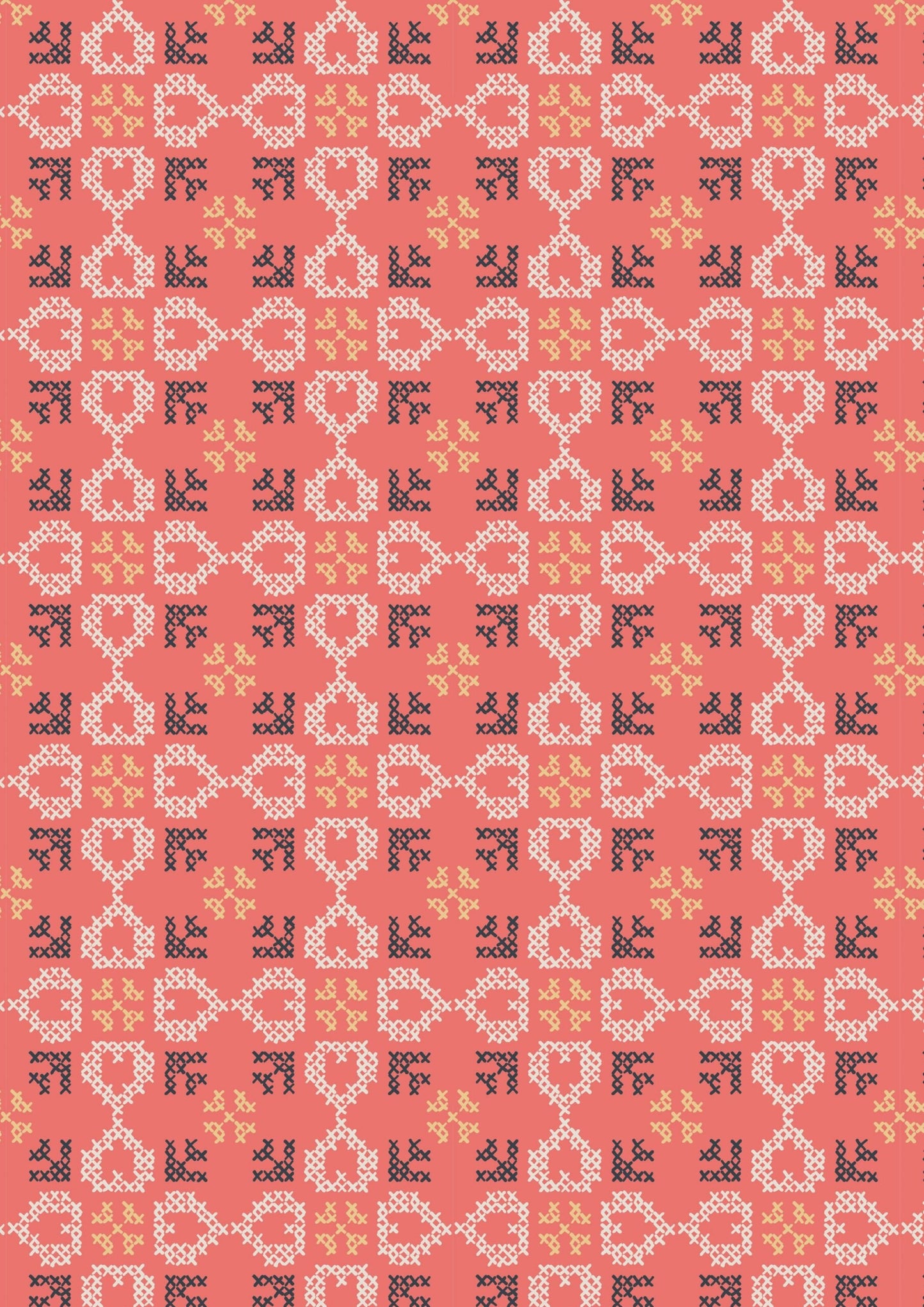 Lewis & Irene Folk Floral Fabric Collection Cross Stitch Hearts on Coral Premium 100% Cotton Quilt Shop Quality Fabrics
