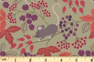 Lewis & Irene Autumn Fields Reloved Fabric Collection Mice With Berries on Country Green Premium 100% Cotton Quilt Shop Quality Fabrics