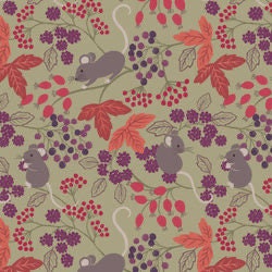 Lewis & Irene Autumn Fields Reloved Fabric Collection Mice With Berries on Country Green Premium 100% Cotton Quilt Shop Quality Fabrics