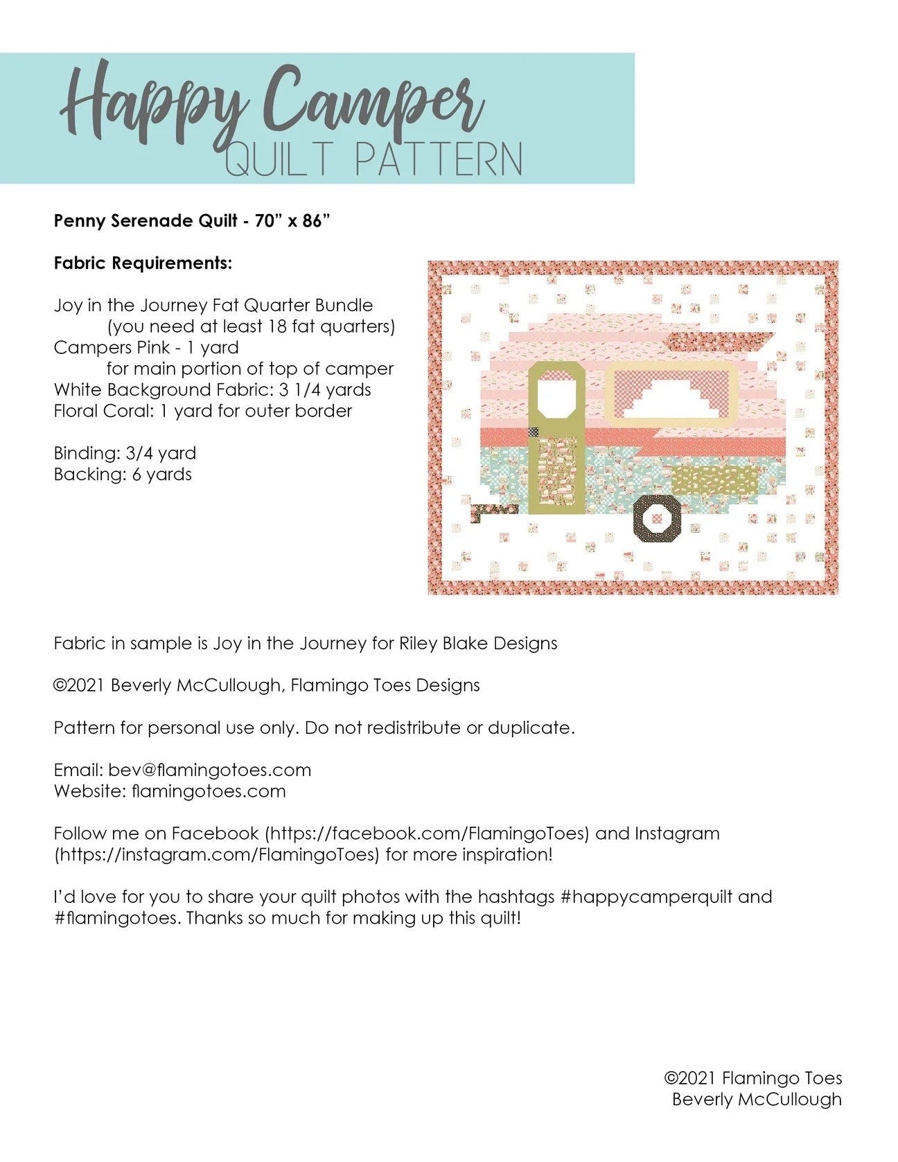 Flamingo Toes Happy Camper Quilt Pattern Finished Size: 86"x70"