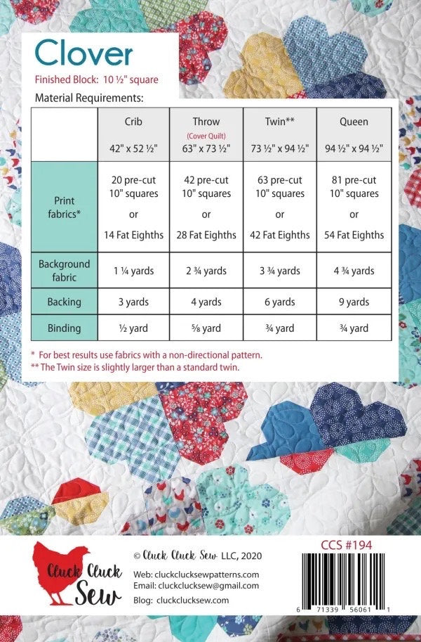 Cluck Cluck Sew Clover Quilt Pattern (4 Size Variations Per Pattern)