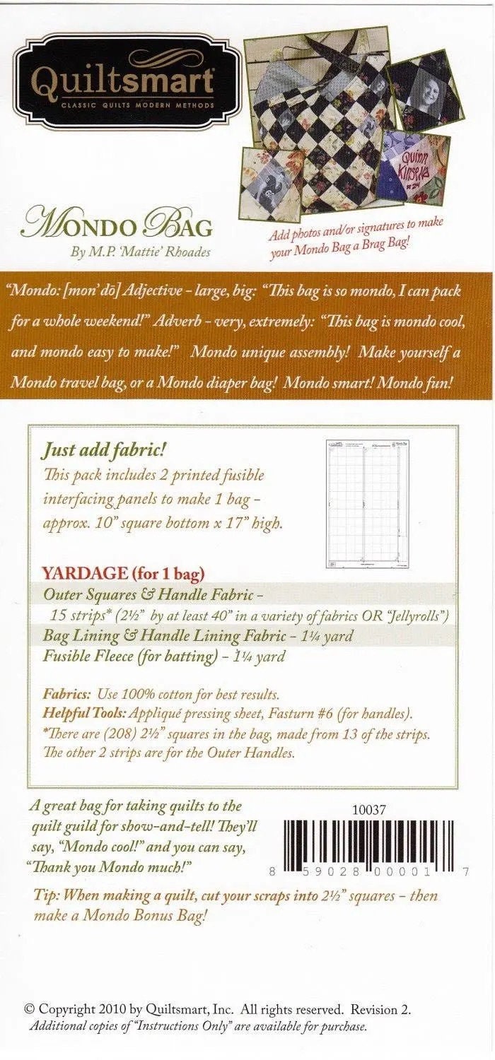 Quiltsmart Mondo Bag Printed Interfacing & Instructions Pack Finished Size: 10" Square Bottom x 15" High