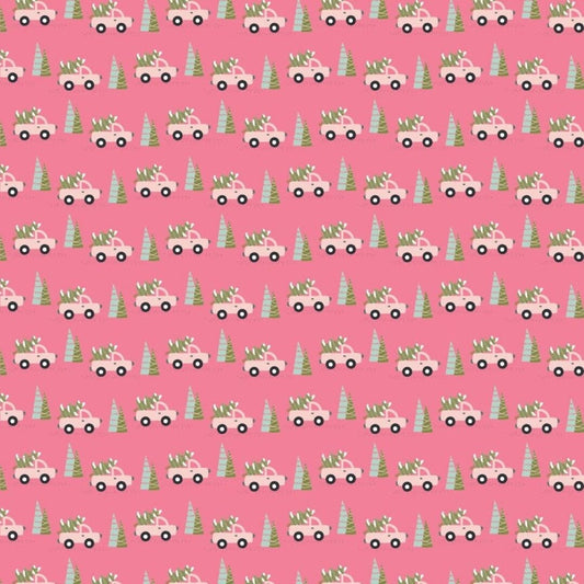 Poppie Cotton Snuggle Up Buttercup Fabric Collection Trucks & Trees on Pink Premium 100% Cotton Quilt Shop Quality Fabrics