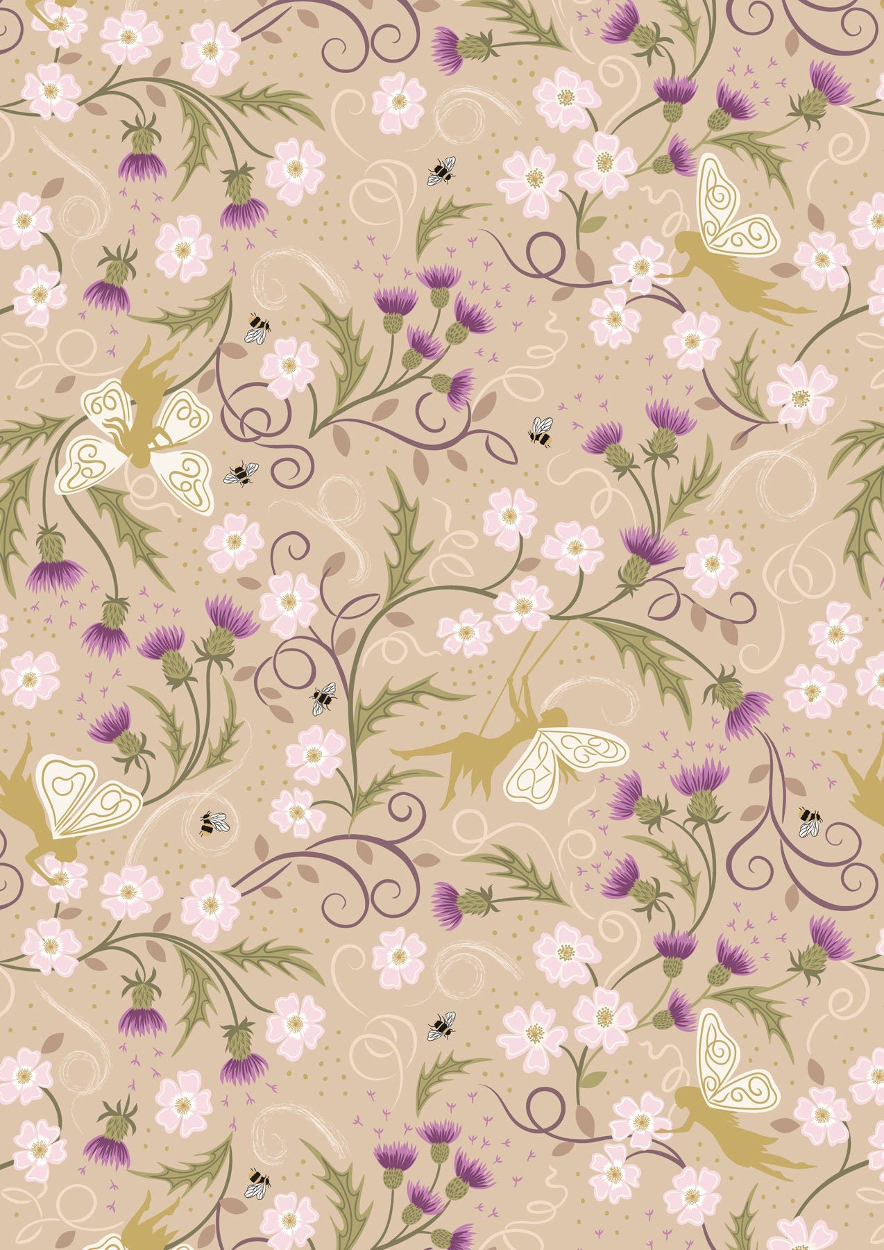 Lewis & Irene Celtic Fairies Fabric Collection Gold Metallic Fairies on Dark Cream Premium 100% Cotton Quilt Shop Quality Fabrics