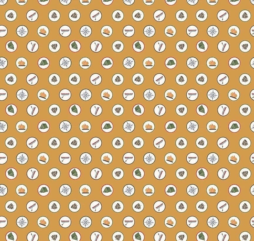 Riley Blake Love You S'more Fabric Collection Badges on Gold Premium 100% Cotton Quilt Shop Quality Fabrics