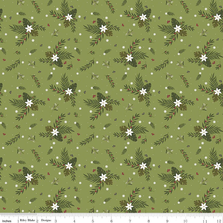 Riley Blake Silent Night Fabric Collection Olive Branch on Sprig Sparkle Premium 100% Cotton Quilt Shop Quality Fabrics