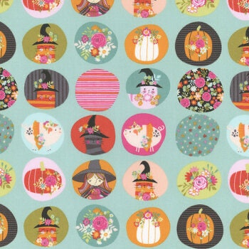Poppie Cotton Kitty Loves Candy Fabric Collection Fun Dots on Teal Premium 100% Quilt Shop Quality Cotton Fabrics