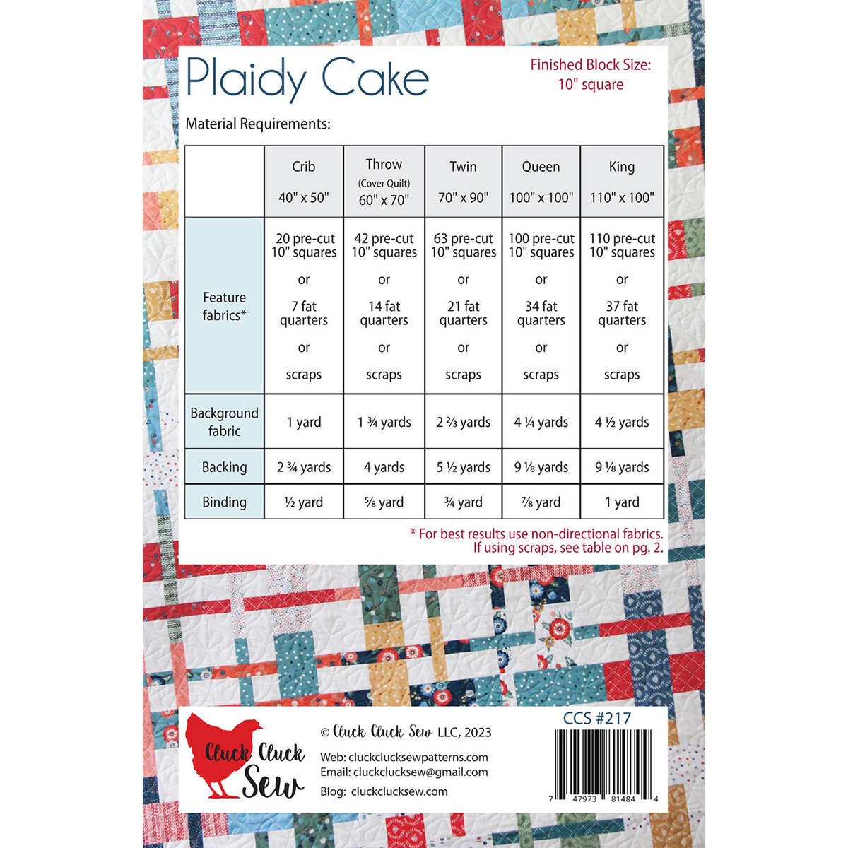 Cluck Cluck Sew Plaidy Cake Quilt Pattern (5 Size Variations Per Pattern)