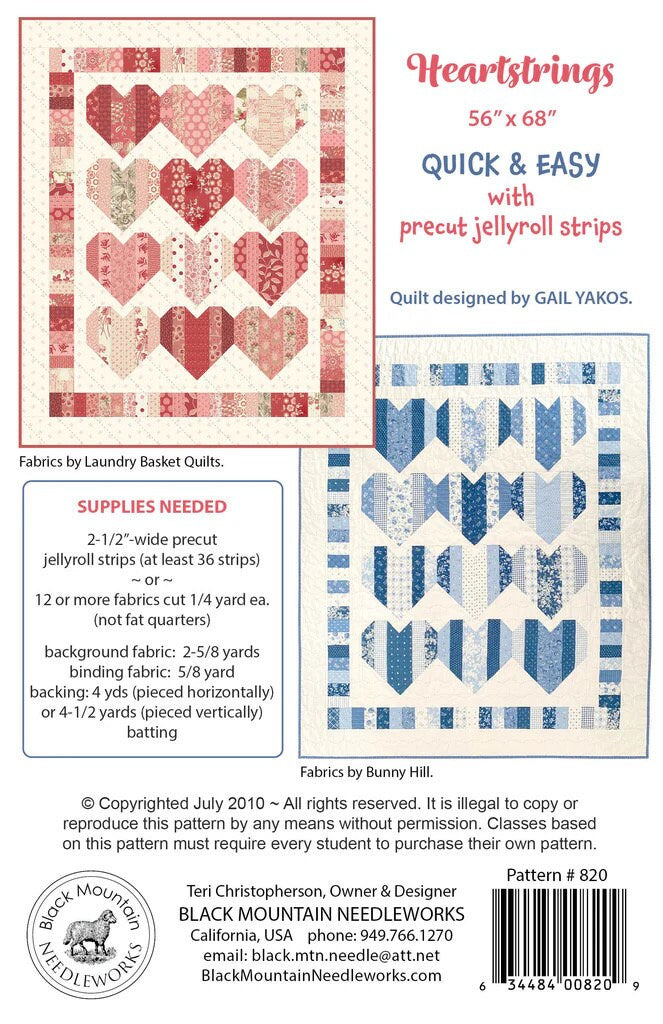 Black Mountain Needleworks Heartstrings Quilt Pattern Finished Size: 56"x68"