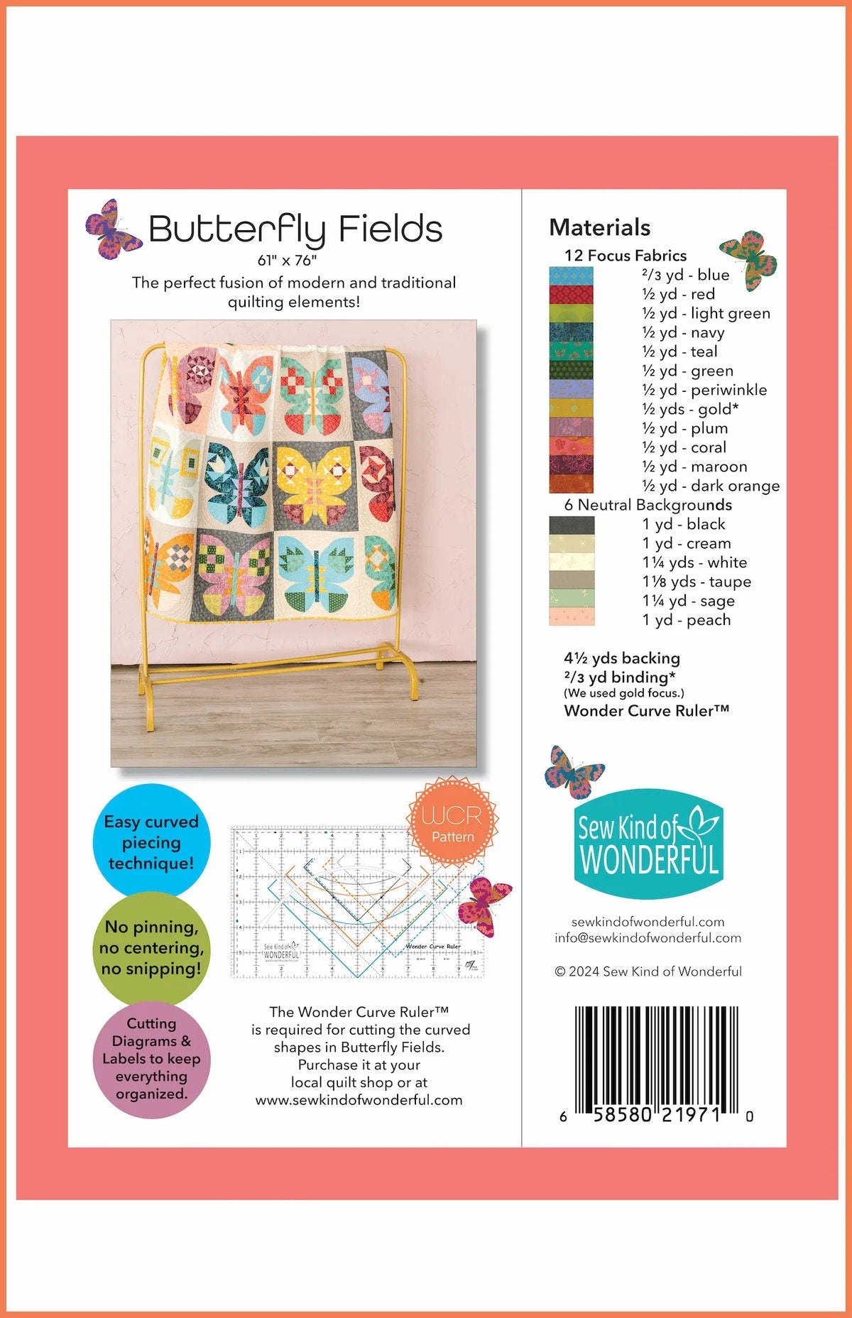 Sew Kind of Wonderful Butterfly Fields Quilt Pattern Finished Size: 61"x76"