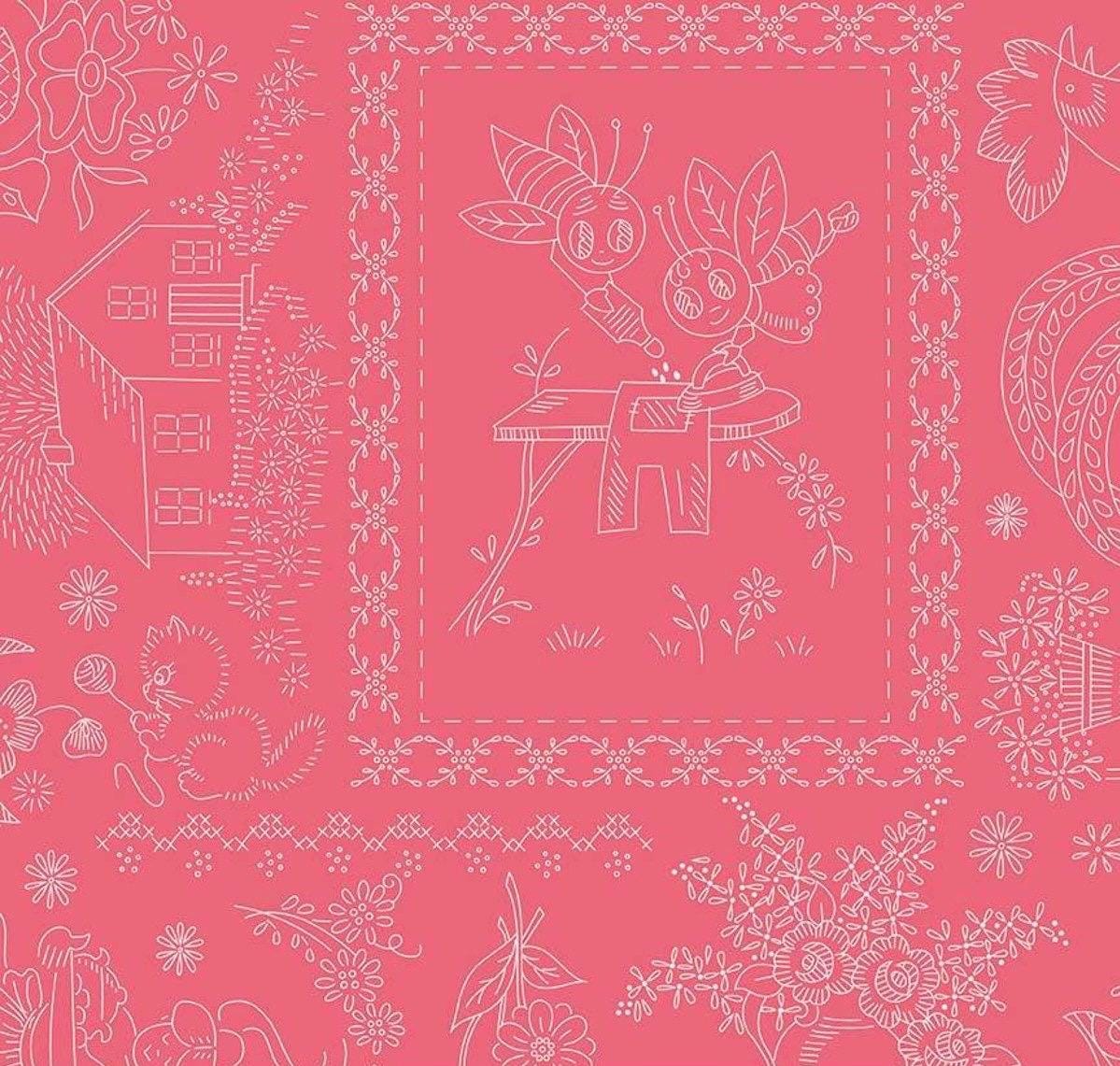 WIDEBACKS! Riley Blake Granny Chic Fabric Collection Vintage Embroidery on Pink Wideback ( 107"-108" Width) Premium 100% Cotton Fabrics