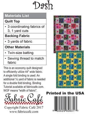 Fabric Cafe Dash Quilt Pattern - Uses Only 3 Yards of Fabric Finished Size: 44"x58"