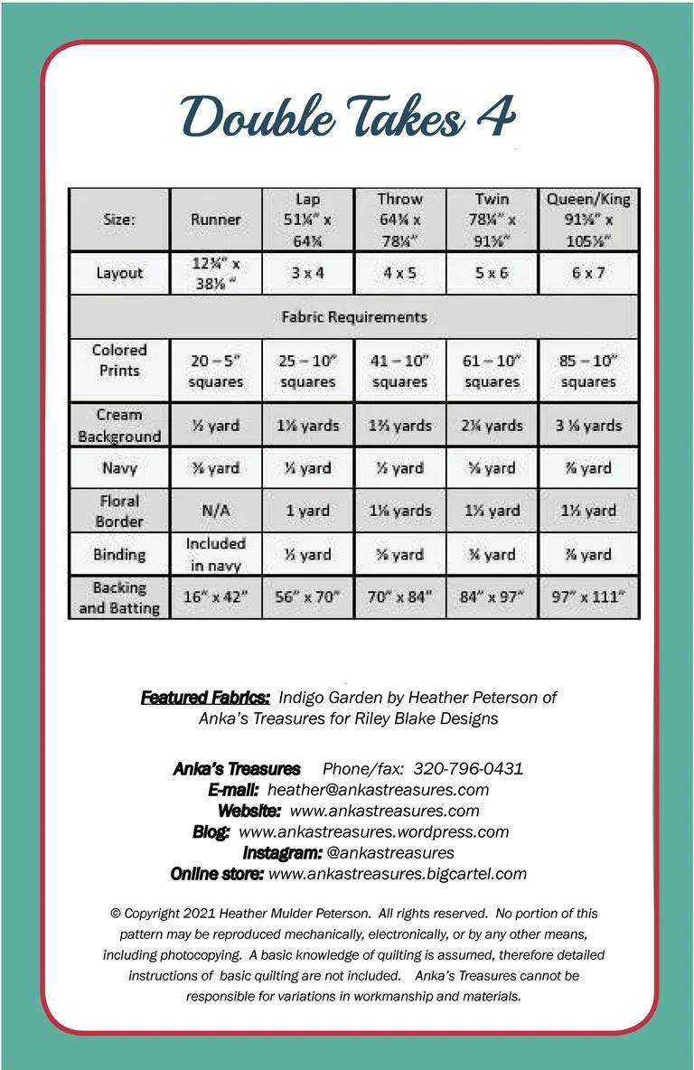 Anka's Treasures Double Takes 4 Quilt Pattern - 5 Size Variations Per Pattern