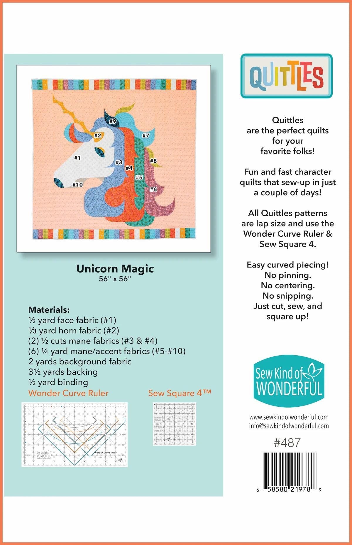 Sew Kind of Wonderful Quittles Unicorn Magic Quilt Pattern Finished Size: 56"x56"