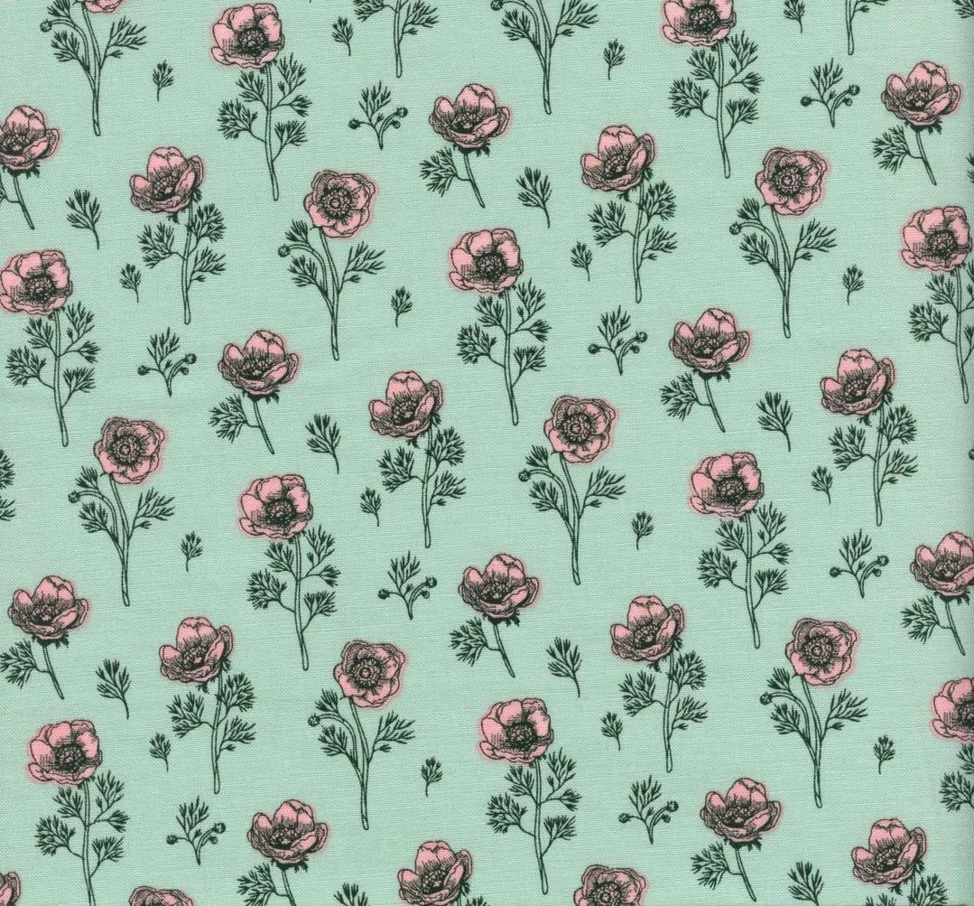 LAST BOLT!! Riley Blake Porch Swing Fabric Collection Botanical Anemones on Mint Premium 100% Cotton Quilt Shop Quality Fabrics