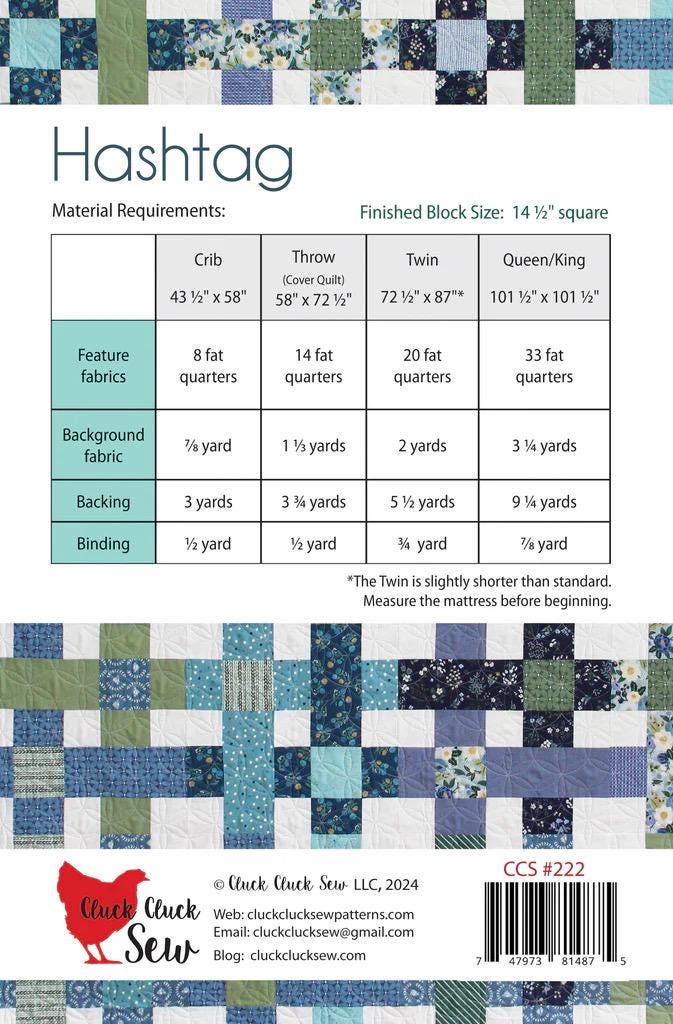 Cluck Cluck Sew Hashtag Quilt Pattern - 4 Size Variations Per Pattern CCS #222