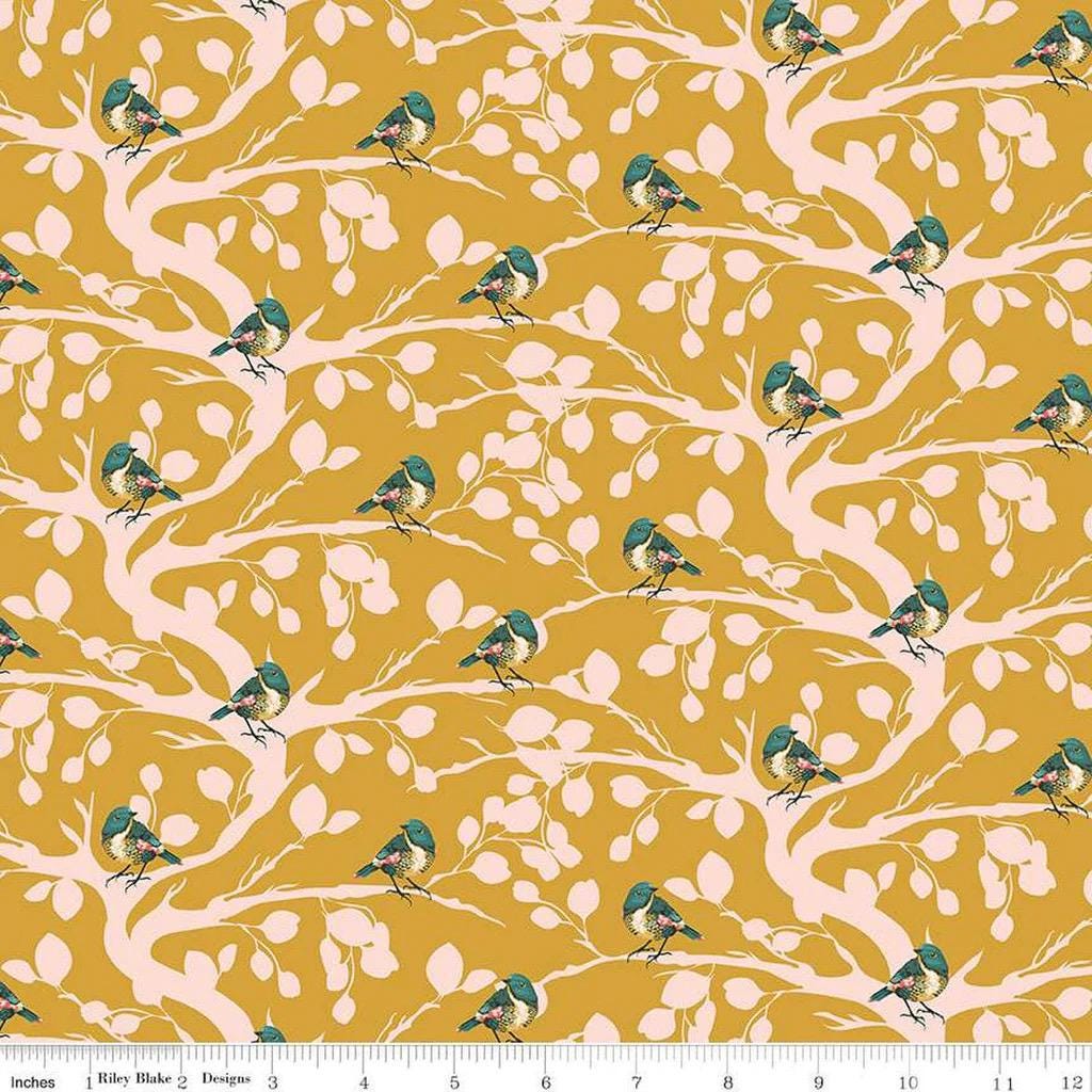 LAST BOLT!! Riley Blake Porch Swing Fabric Collection Birds and Branches on Mustard Premium 100% Cotton Quilt Shop Quality Fabrics