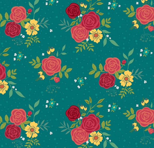 Riley Blake Heather Peterson Market Street Fabric Collection Main Print Large Floral on Teal Premium 100% Quilt Shop Quality Cotton Fabric
