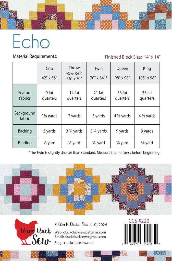 Cluck Cluck Sew Echo Quilt Pattern - 5 Size Variations Per Pattern CCS #220