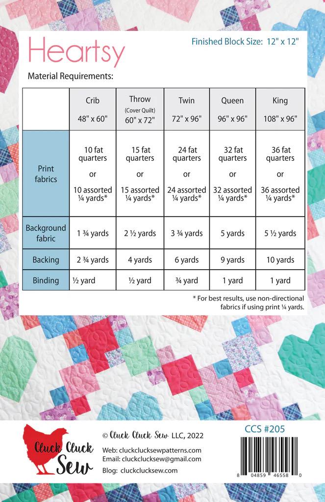 Cluck Cluck Sew Heartsy Quilt Pattern - 5 Size Variations Per Pattern CCS #205