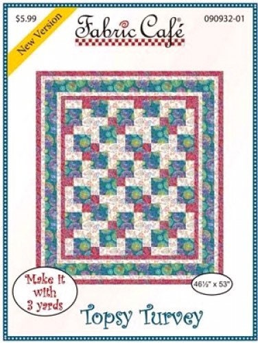 May include: A quilting pattern for a quilt called 'Topsy Turvey' from Fabric Cafe. The pattern is for a quilt that is 46 1/2 inches by 53 inches and can be made with 3 yards of fabric. The quilt pattern features a colorful patchwork design with red, blue, green, and white squares. The pattern is labeled 'New Version' and costs $5.99.