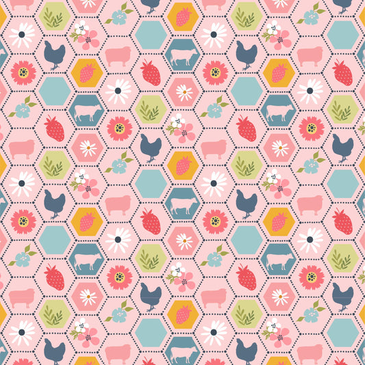 Poppie Cotton Sunshine & Chamomile Fabric Collection Strawberry Patch on Pink Premium 100% Cotton Quilt Shop Quality Fabrics