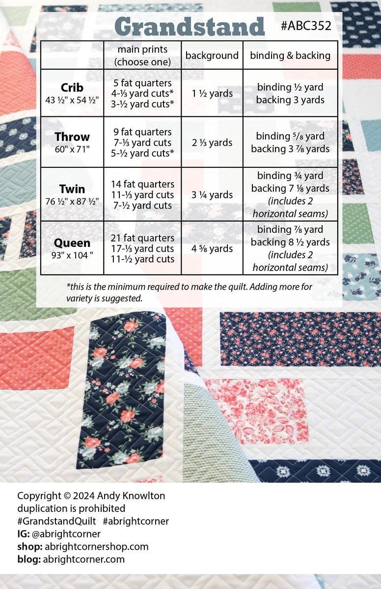 A Bright Corner Grandstand Quilt Pattern - 4 Size Variations Per Pattern ABC352