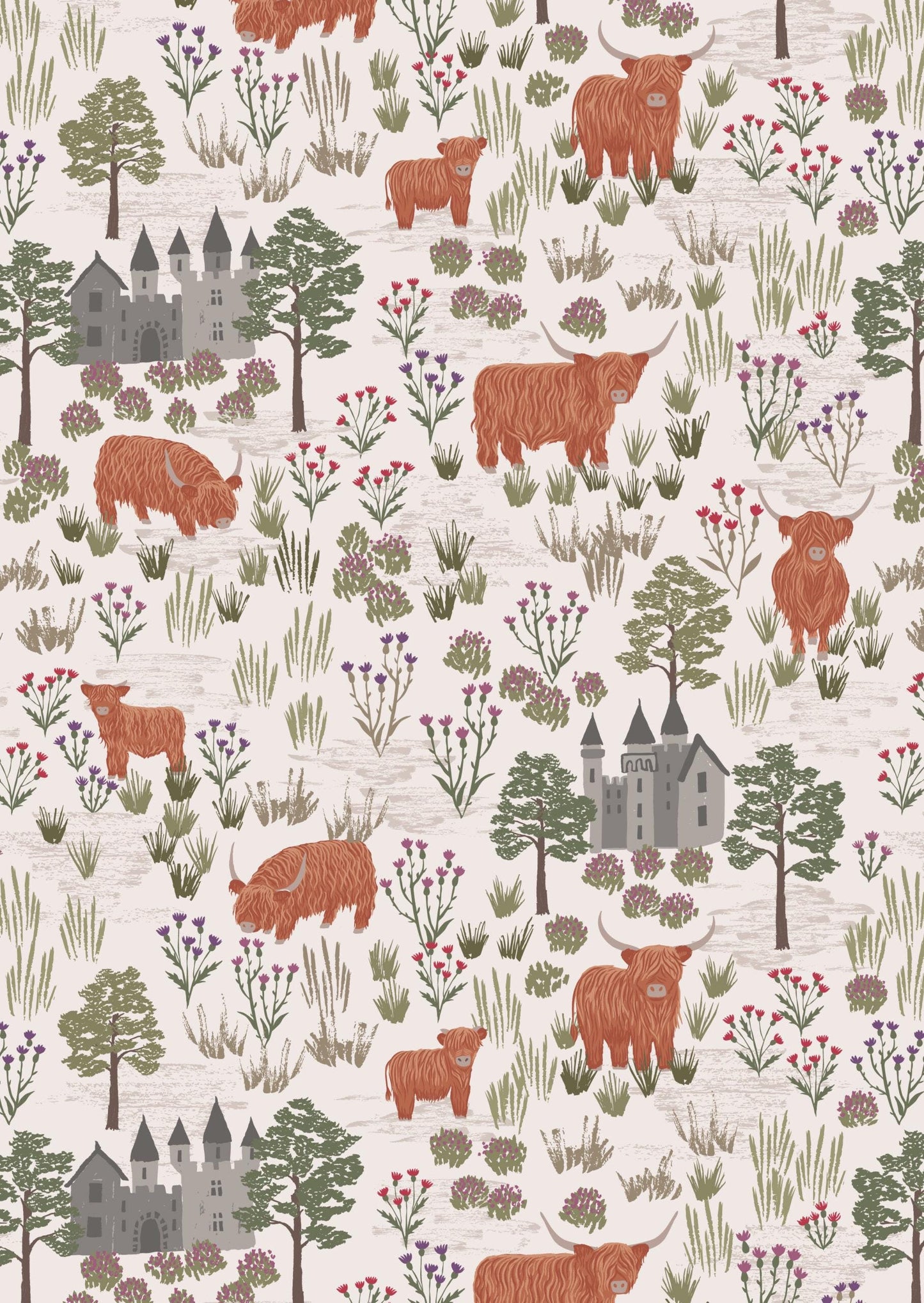 LAST BOLT!! Lewis & Irene Loch Lewis Flannel Fabric Collection Castles and Highland Cattle on Dark Cream Premium 100% Cotton Flannel Fabrics