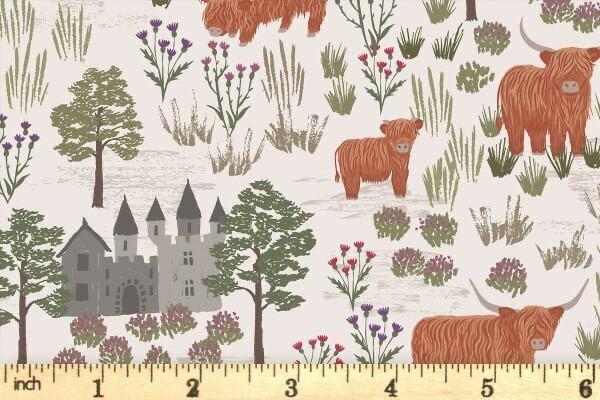 LAST BOLT!! Lewis & Irene Loch Lewis Flannel Fabric Collection Castles and Highland Cattle on Dark Cream Premium 100% Cotton Flannel Fabrics