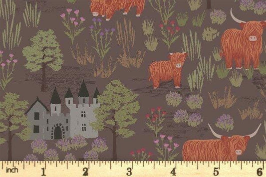 LAST BOLT!! Lewis & Irene Loch Lewis Flannel Fabric Collection Castles and Highland Cattle on Mocha Premium 100% Cotton Flannel Fabrics