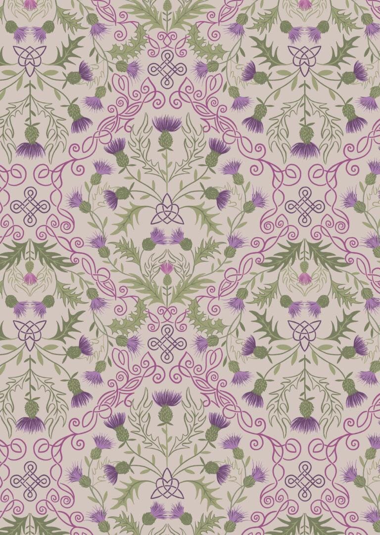 LAST BOLT!! Lewis & Irene Loch Lewis Flannel Fabric Collection Purple Thistle on Natural Premium 100% Cotton Flannel Fabrics