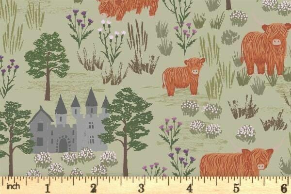 LAST BOLT!! Lewis & Irene Loch Lewis Flannel Fabric Collection Castles and Highland Cattle on Light Sage Premium 100% Cotton Flannel Fabrics