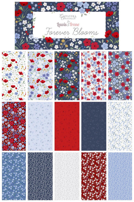 Lewis & Irene Forever Blooms Fabric Collection Forevermore on Mid-Blue Premium 100% Cotton Quilt Shop Quality Fabrics