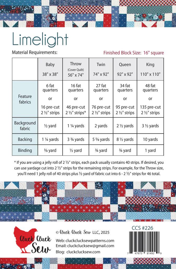 Cluck Cluck Sew Quilts Limelight Quilt Pattern - 5 Size Variations Per Pattern CCS#226