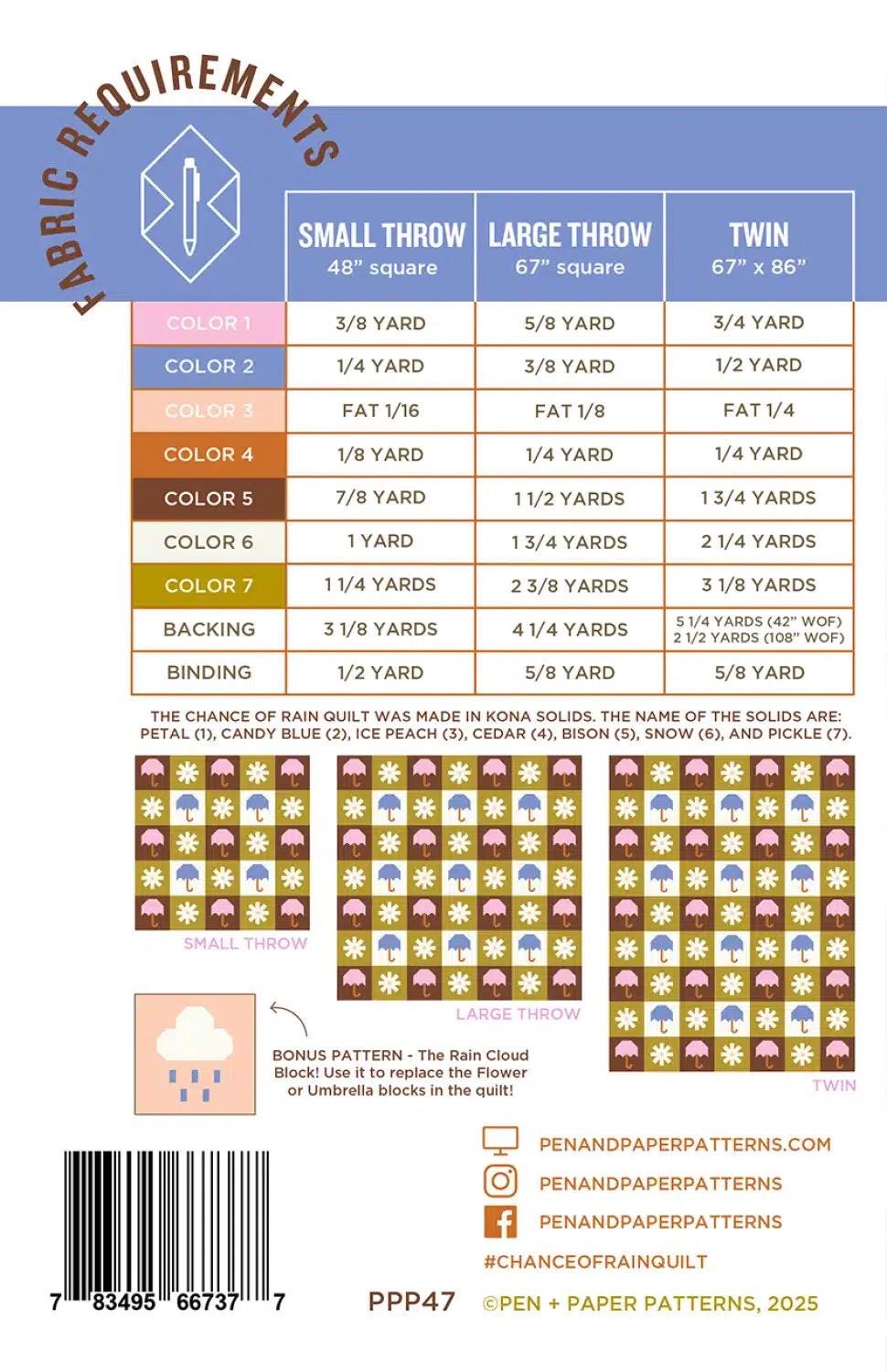 Pen + Paper Patterns Chance of Rain Quilt Pattern - 3 Size Variations Per Pattern (Optional Fineline Glue Tip Sets Sold Separately)
